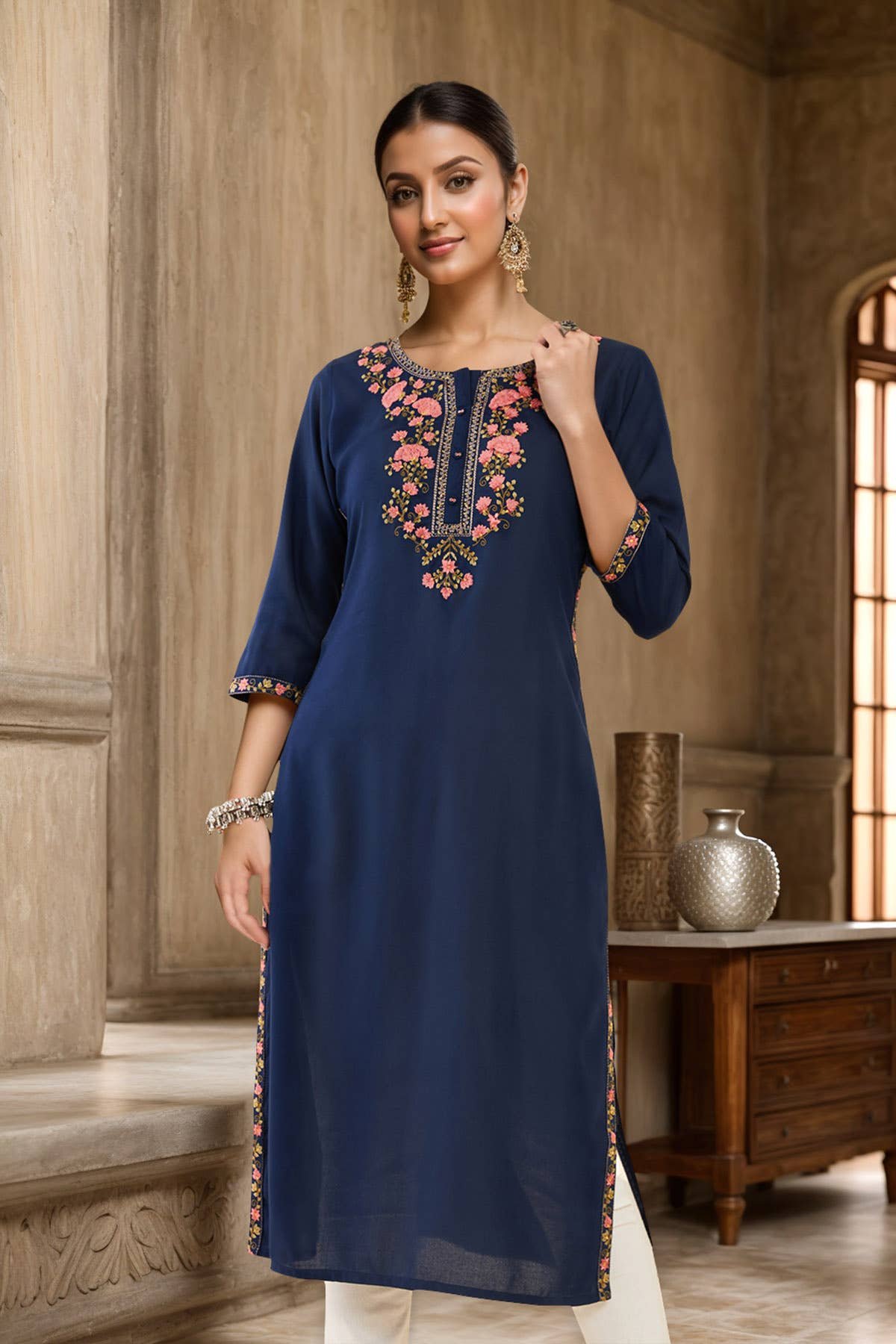 Navy Blue Floral Embroidered Rayon Kurta - Image 1